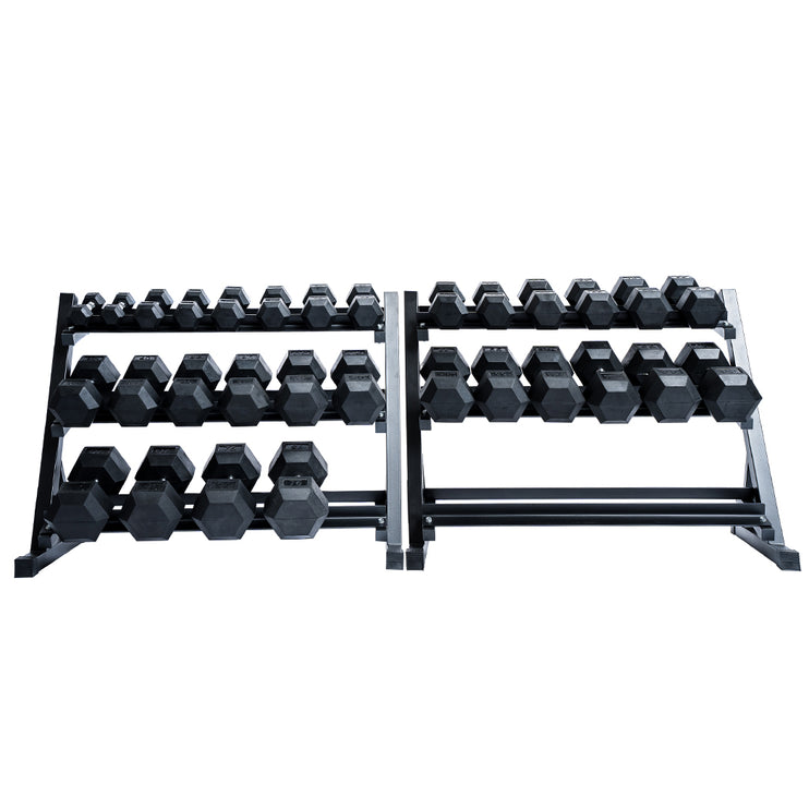 Rubber Hex Dumbbell Sets + Racks