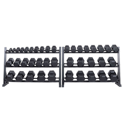 Rubber Hex Dumbbell Sets + Racks