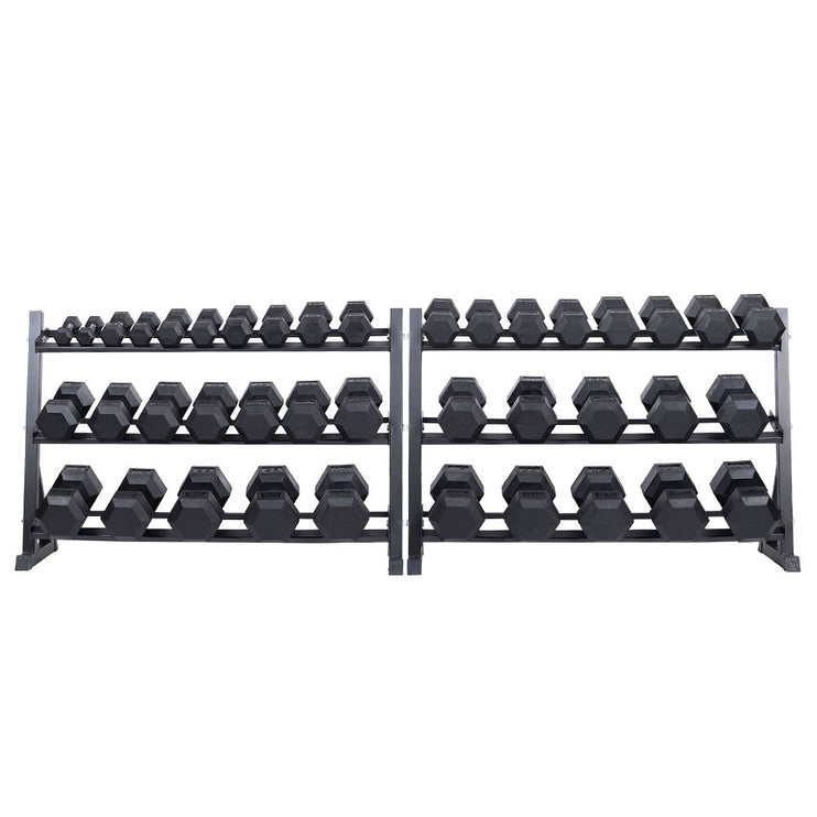 Rubber Hex Dumbbell Sets + Racks